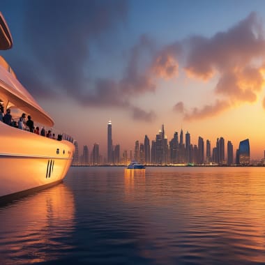 Eine luxuriöse Yacht auf ruhigem Wasser mit Dubais Skyline, inklusive Burj Khalifa, bei Sonnenuntergang.