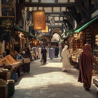 Ein lebhafter traditioneller Markt oder Souk in Katar mit Verkäufern, die Gewürze und Textilien verkaufen.
