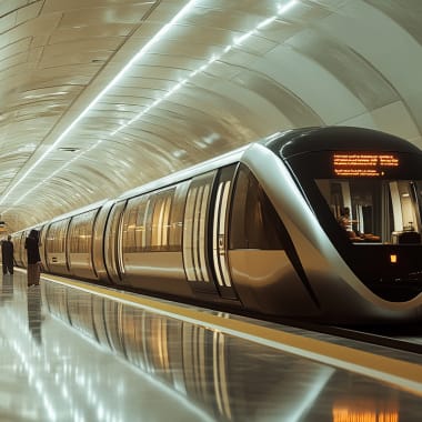 Ein modernes Metro-Zug in einer eleganten, beleuchteten U-Bahn-Station in Katar mit wartenden Passagieren.