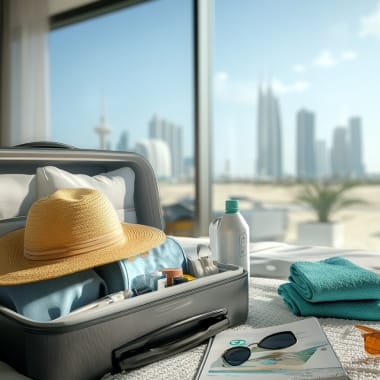 Packliste für einen Urlaub in Abu Dhabi auf einem Hotelbett mit Stadtblick außerhalb.