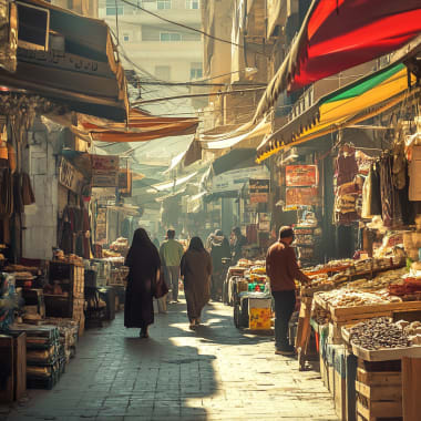 A busy marketplace street in Jordan with various vendors and shoppers under colorful awnings.