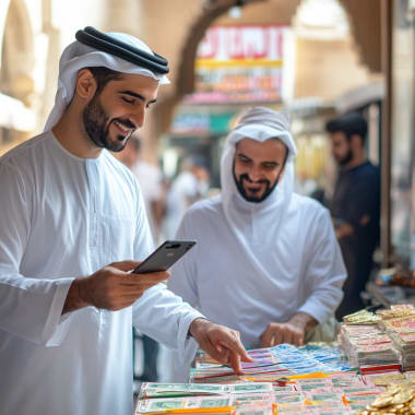 Zwei Männer in traditioneller emiratischer Kleidung kaufen Gold und Bargeld an einem Marktstand, mit buntem Schmuck und Banknoten ausgestellt.