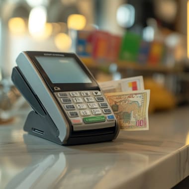 A payment terminal on a marble counter with a 100 dirham banknote partially inserted.