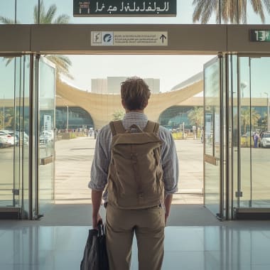 Ein Reisender mit Rucksack und Aktenkoffer steht vor einem gläsernen Eingang an einem Flughafen, bereit nach draußen zu gehen.