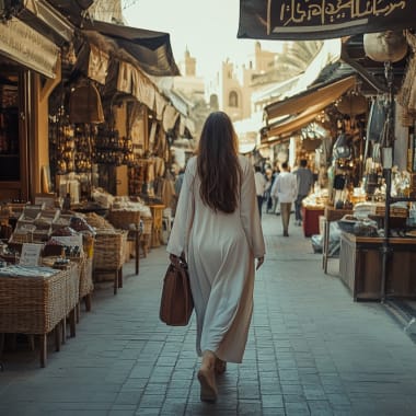Eine Frau geht durch einen lebhaften Markt mit traditionellen Ständen und Geschäften in den Vereinigten Arabischen Emiraten.