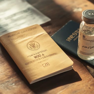 A vial of vaccine, a passport, and a health booklet on a wooden table with sunlight shadows.