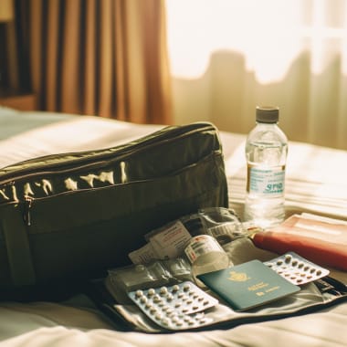 Ein Hotelbett mit einem Reiseset für medizinische Vorsorge, darunter Medikamente, eine Wasserflasche und ein Reisepass, auf einem sonnigen Zimmer.
