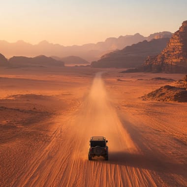Ein Fahrzeug fährt auf einer sandigen Wüstenstraße in einer bergigen Landschaft bei Sonnenuntergang in Jordanien.