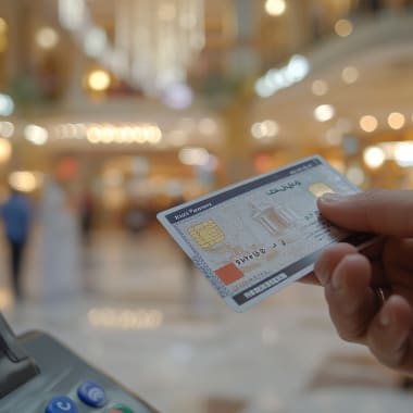 A person holding a credit card at a payment terminal in a shopping mall.