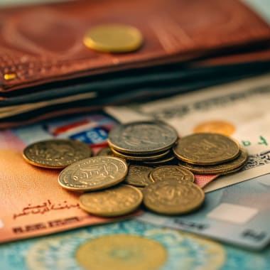 Münzen und Banknoten verschiedener Stückelungen auf einem Geldbeutel.