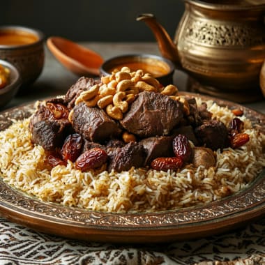 Ein traditionelles saudi-arabisches Gericht mit gewürztem Reis, bedeckt mit Rindfleisch, Nüssen und getrockneten Früchten, umgeben von verschiedenen kleinen Schüsseln mit Beilagen und Saucen.