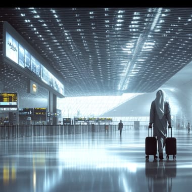 A traveler with luggage walking through an airport terminal with modern architecture and digital flight information screens.