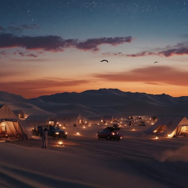 Campingzelte und Geländewagen in einer Wüste bei Sonnenuntergang, mit Bergen im Hintergrund und ersten Sternen am Himmel.