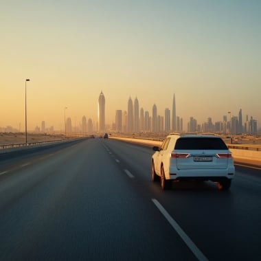 Ein weißer SUV fährt auf einer leeren Autobahn in Richtung einer Stadt mit hohen Wolkenkratzern bei Sonnenuntergang in Saudi-Arabien.