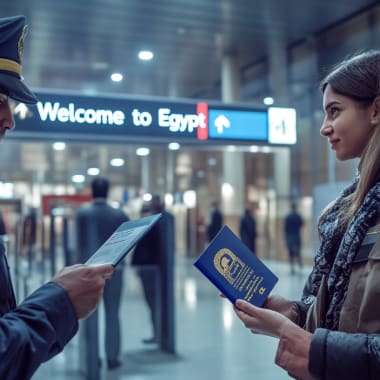 Eine weibliche Reisende zeigt einem Polizisten ihre Dokumente am Flughafen vor einem Schild 'Willkommen in Ägypten'.