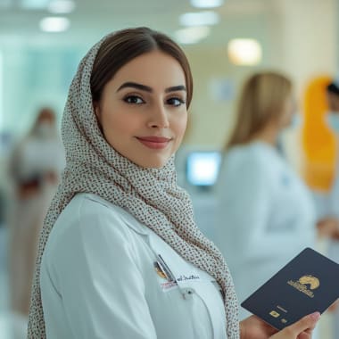 Eine lachende weibliche medizinische Fachkraft hält einen Reisepass, im Hintergrund sind andere Mitarbeiter in einem Flughafen oder medizinischen Einrichtung zu sehen.