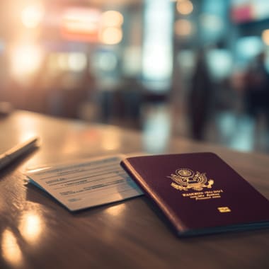 Ein namibischer Reisepass, ein Stift und ein Dokument liegen auf einem Holztisch in einer Flughafen- oder Botschafts Umgebung.