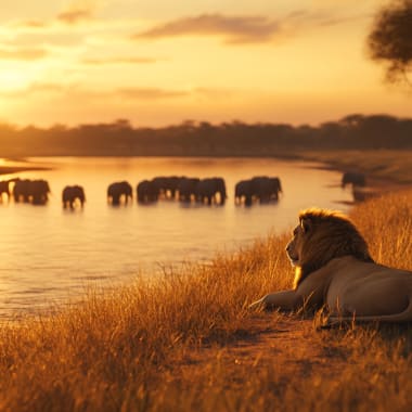 Ein majestätischer Löwe ruht am grasbewachsenen Flussufer, während in der Nähe eine Herde von Elefanten bei Sonnenuntergang trinkt.