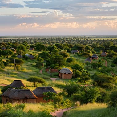 Sunset over a rural village in Botswana with traditional thatched-roof huts and lush green trees.