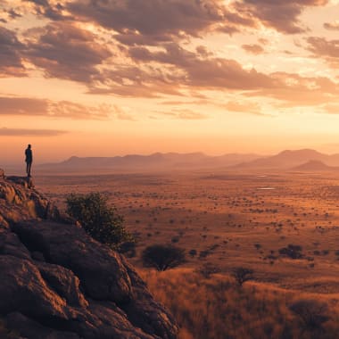A person and a vehicle stand on a rocky outcrop overlooking a vast savannah at sunset in South Africa.