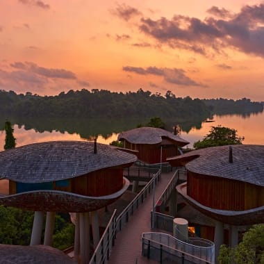 Gebäude mit geschwungenen Dächern des Mandai Rainforest Resort by Banyan Tree, umgeben von dichtem Grün neben einem ruhigen Fluss unter einem lebhaften Sonnenuntergangshimmel.
