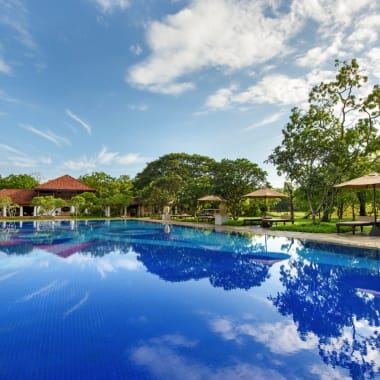 Ein großer Swimmingpool mit klarem Wasser spiegelt den blauen Himmel und die umliegenden Bäume wider, umgeben von Liegestühlen und Sonnenschirmen in einer grünen Gartenanlage.