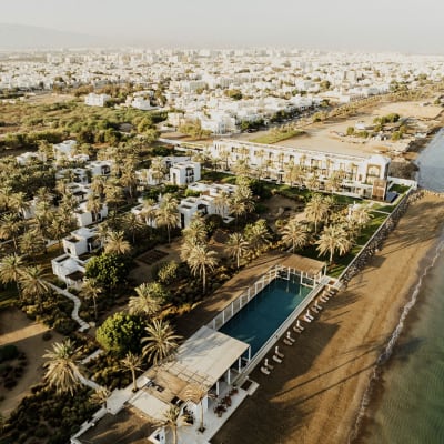 Arial view of the Chedi Muscat with coastline