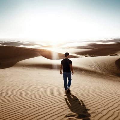 A man walking in a vast desert with rippled sand dunes under a bright sun.