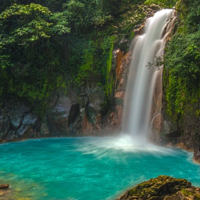 A vibrant waterfall cascading into a turquoise pool in a lush green rainforest in Costa Rica.