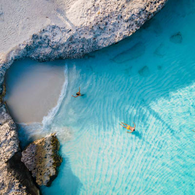 Drei Menschen beim Stand-Up-Paddeln im türkisfarbenen Wasser in der Nähe eines felsigen Strandes in Aruba.