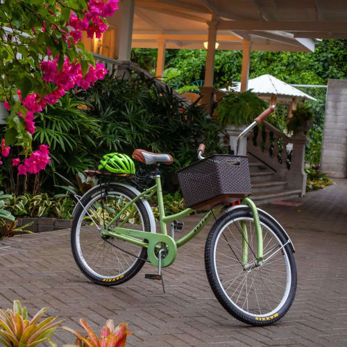 Ein grünes Fahrrad mit einem schwarzen Korb steht auf einem gepflasterten Weg neben üppigen tropischen Pflanzen und leuchtend pinken Blüten, im Hintergrund ein überdachter Balkon und ein weißes Gebäude.