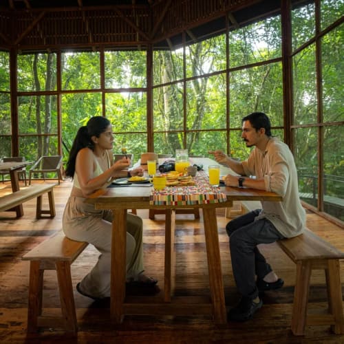 A couple seated at a wooden table inside an open-air lodge surrounded by lush green forest, enjoying a meal with glasses of orange juice.