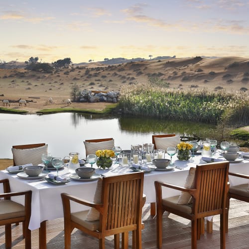 A luxurious outdoor dining table set with white tablecloths, plates, glasses, and yellow flowers, overlooking a lake with sand dunes and grazing animals in the background.