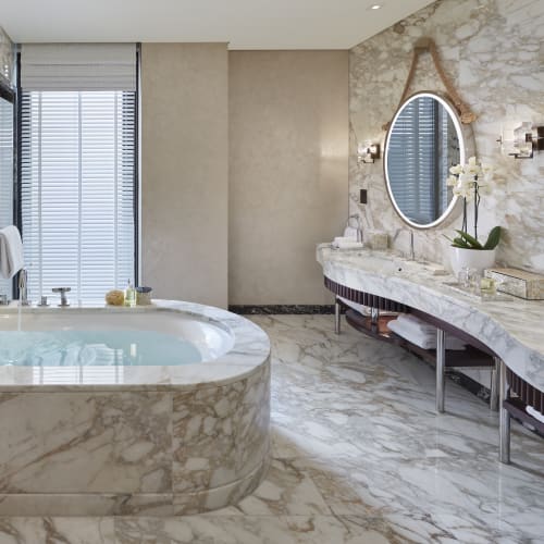 Luxuriöses Badezimmer mit einer Marmor-Badewanne und Doppelwaschbecken, dekoriert mit ovalen Spiegeln und einer Topfpflanze, beleuchtet durch Tageslicht durch ein Fenster.