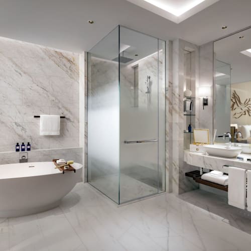 Luxurious hotel bathroom featuring a bathtub, a glass-enclosed shower, and a double sink vanity with mirrors.