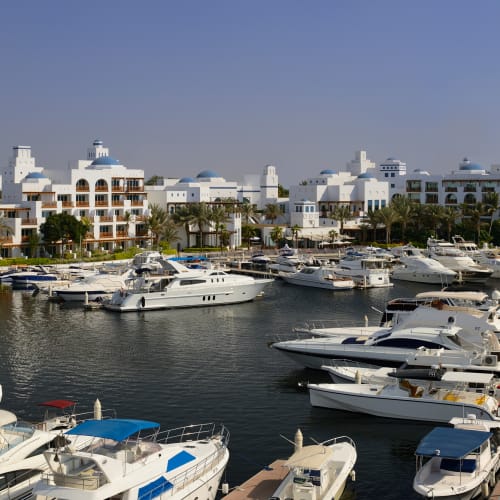Luxusyachten am Hafen vor modernen weißen Gebäuden.
