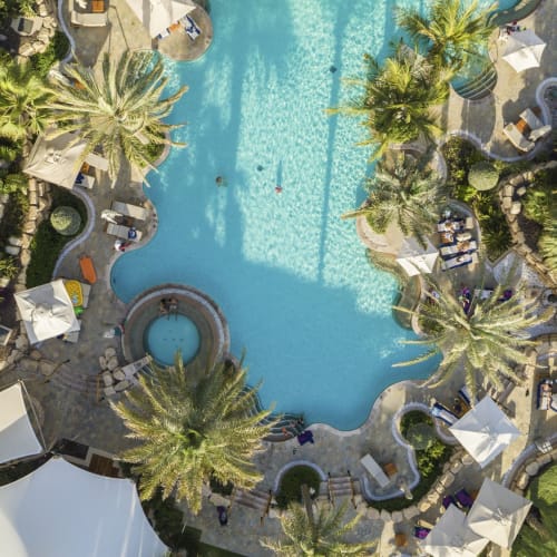 Vogelperspektive eines großen Schwimmbeckens, umgeben von Palmen, Liegen, Sonnenschirmen und Poolbereich-Annehmlichkeiten in einem Resort.