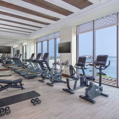 Ein modernes Fitnessstudio mit Cardio-Geräten und Gewichten mit Blick auf einen malerischen Wasserblick durch große Fenster.