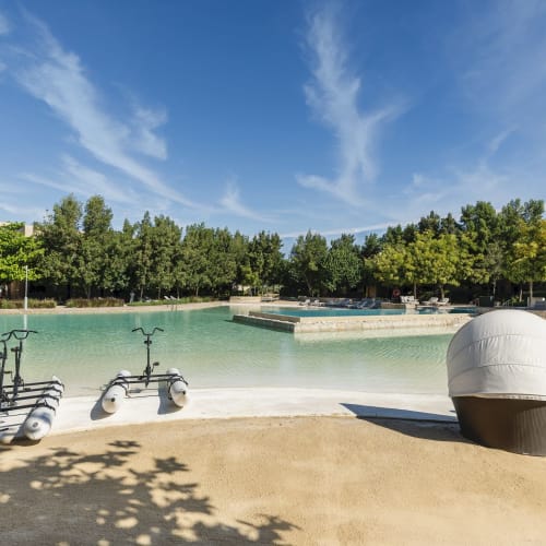 Ein ruhiger Außenbereich mit einem flachen Pool, modernem Sitzbereich und üppigem Grün unter einem blauen Himmel.