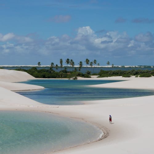 Weite Sanddünenlandschaft mit türkisblauen Lagunen und einzelnen Palmen unter einem blauen Himmel mit Wolken.