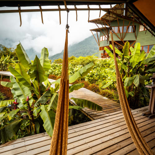 Two hammocks hanging on a wooden deck porch overlooking lush green banana plants and a green building with mountains in the background under a cloudy sky.