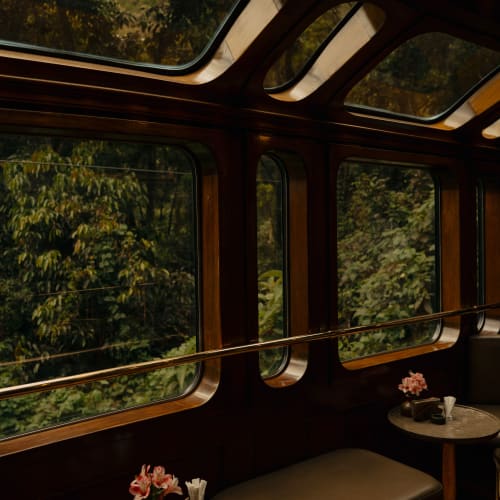 Interior of a vintage train carriage with large windows and skylights revealing a view of lush green foliage outside, featuring cozy seating and small tables with flowers and napkins.