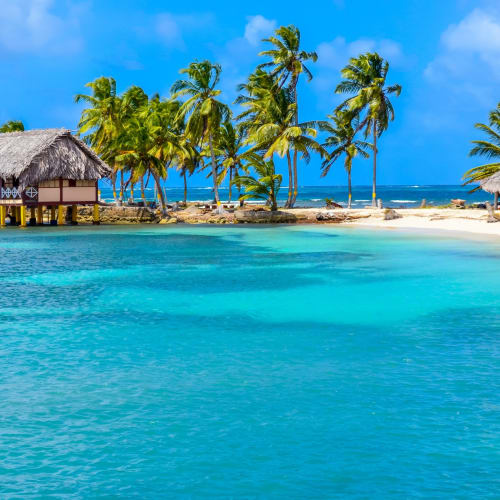 Tropical beach scene with palm trees, overwater bungalows, and clear turquoise water.