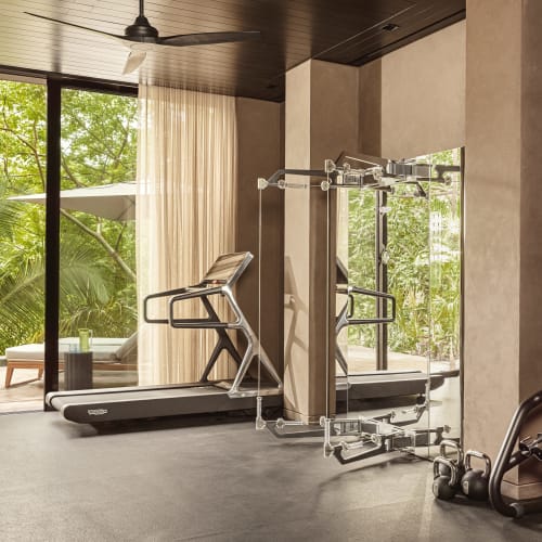 Moderner Fitnessraum mit großen Fenstern, die auf üppiges Grün blicken, ausgestattet mit Laufband, Hantelablage, Gymnastikball und Krafttrainingsgerät.