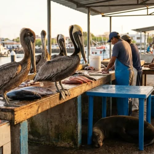 Pelicans and sea lions at the fish market in Puerto Ayora on Santa Cruz, Galapagos Islands