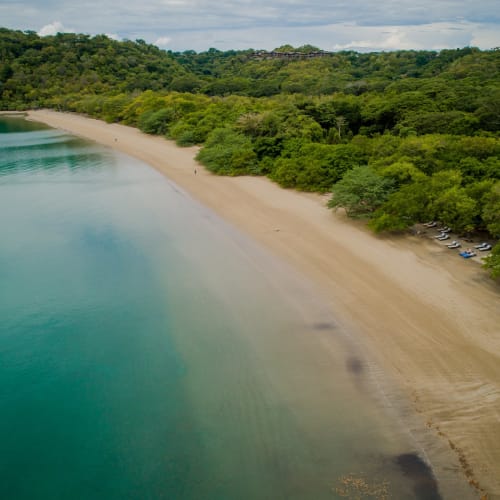 Luftaufnahme eines Sandstrandes entlang einer üppigen grünen Küste mit geparkten Autos unter Bäumen und ruhigem türkisfarbenem Wasser.