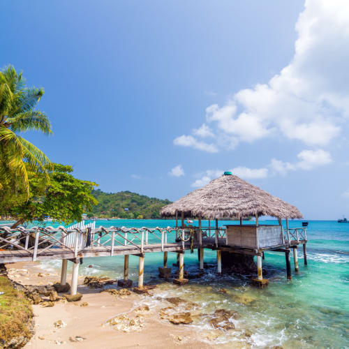 Tropical beach scene with a thatched hut on stilts over turquoise water, palm trees on the shore, and a bright blue sky with clouds.