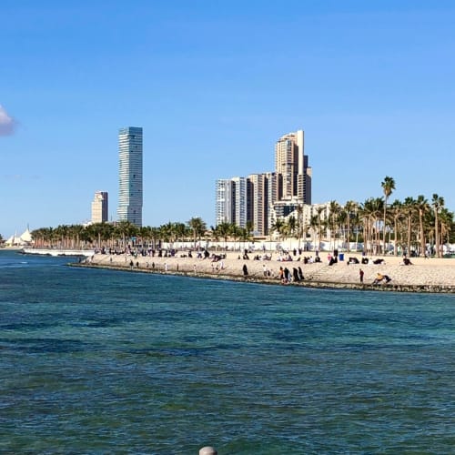 Eine Küstenstadtansicht mit modernen Hochhäusern, Palmen und einem Strand am Ufer unter klarem blauen Himmel.