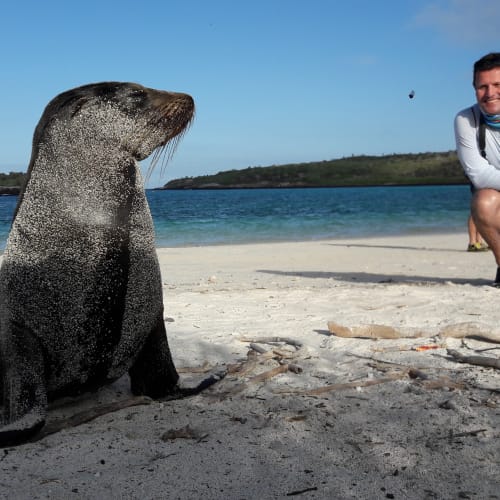 A man crouches on the beach, smiling, while a seal sits nearby on the sand with the ocean and a green landscape in the background.