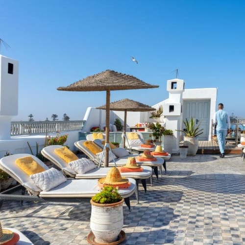 A rooftop terrace with lounge chairs, umbrellas, and potted plants under a clear blue sky, overlooking a cityscape.